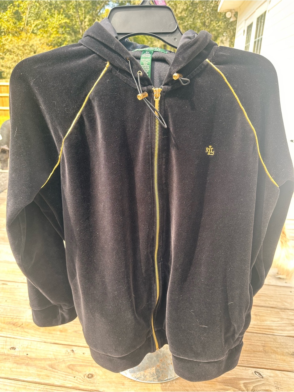 Ralph Lauren Womens Black Velour Zip Hoodie with Gold Trim Accents